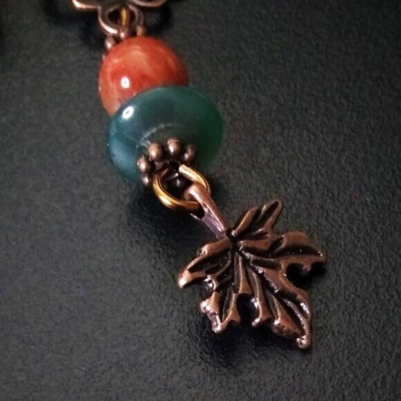 Stacked Beads + Copper Filigree + Maple Leaf Earrings - Unique Autumn Earrings - Picture 6 of 8